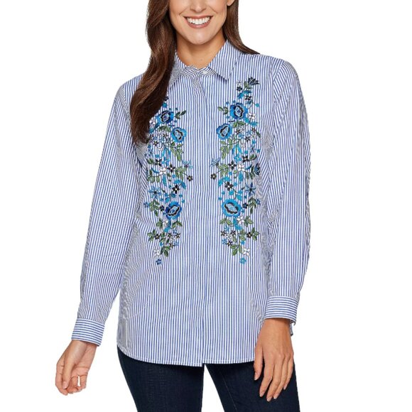 Joan Rivers Striped Shirt with Floral Embroidery  16173 - Picture 1 of 3